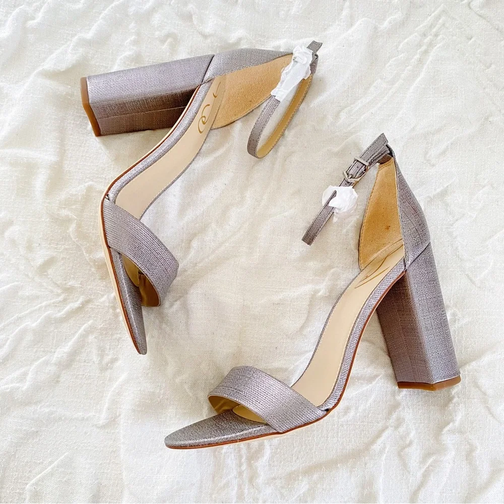 Sam Edelman Silver Textured Ankle-Strap Block Heel Sandals